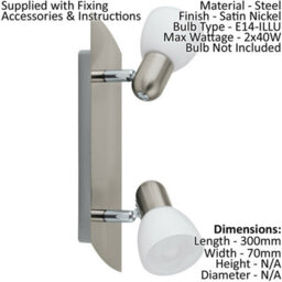 Wall 2 Spot Light Colour Satin Nickel Shade White Satin Glass Bulb E14 2X40W - thumbnail 2