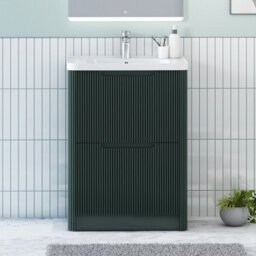 Royal Bathrooms Avenza 600mm Fluted Floor Standing Vanity Unit Deep Moss Green 2 Drawer Storage Cabinet With Ceramic Basin