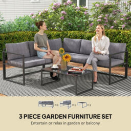 Outsunny 3 Piece L Shaped Garden Furniture Set With Cushions, Grey - thumbnail 4