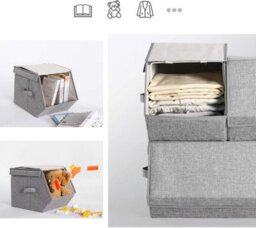 LEDREM Stackable Storage Boxes With Lids, Set Of 3 Toy Organizer, Metal Frame, Magnetic Closure, For Clothes Toys Books, Grey - thumbnail 3