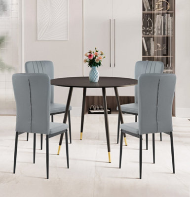 Hallowood Furniture Finley Small Round Dining Table In Black Finish With 4 Light Grey Faux Leather Chairs - image 1