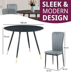 Hallowood Furniture Finley Small Round Dining Table In Black Finish With 4 Light Grey Faux Leather Chairs - thumbnail 3