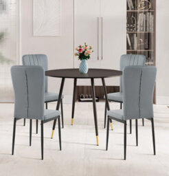 Hallowood Furniture Finley Small Round Dining Table In Black Finish With 4 Light Grey Faux Leather Chairs - thumbnail 1