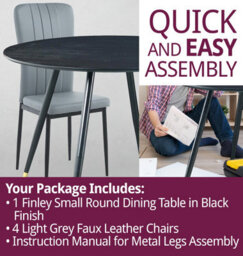 Hallowood Furniture Finley Small Round Dining Table In Black Finish With 4 Light Grey Faux Leather Chairs - thumbnail 7