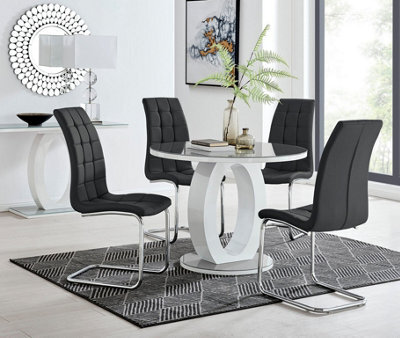 Furniturebox Giovani Round 4 Seat 100Cm White High Gloss Unique Halo Base Grey Glass Top Dining Table 4 Black Faux Leather Murano Chairs - image 1