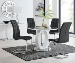 Furniturebox Giovani Round 4 Seat 100Cm White High Gloss Unique Halo Base Grey Glass Top Dining Table 4 Black Faux Leather Murano Chairs - thumbnail 1