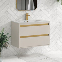 Royal Bathrooms Orion 800mm Warm Taupe 2 Drawer Wall Hung Vanity Unit With Carrara White Basin & Brushed Brass Accent Trim - thumbnail 6