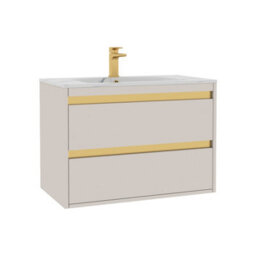 Royal Bathrooms Orion 800mm Warm Taupe 2 Drawer Wall Hung Vanity Unit With Carrara White Basin & Brushed Brass Accent Trim - thumbnail 7