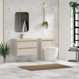 Royal Bathrooms Orion 800mm Warm Taupe 2 Drawer Wall Hung Vanity Unit With Carrara White Basin & Brushed Brass Accent Trim - thumbnail 3