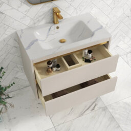 Royal Bathrooms Orion 800mm Warm Taupe 2 Drawer Wall Hung Vanity Unit With Carrara White Basin & Brushed Brass Accent Trim - thumbnail 4