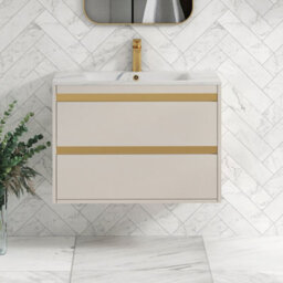 Royal Bathrooms Orion 800mm Warm Taupe 2 Drawer Wall Hung Vanity Unit With Carrara White Basin & Brushed Brass Accent Trim