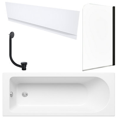 FNX Bathrooms White 1700 X 700 mm Single-Ended Bath With Waterproof Front Panel Matching Black Bath Waste & Curved Black-Profile Bath Screen - image 1