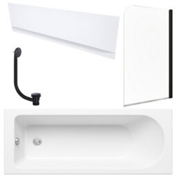 FNX Bathrooms White 1700 X 700 mm Single-Ended Bath With Waterproof Front Panel Matching Black Bath Waste & Curved Black-Profile Bath Screen - thumbnail 1