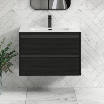 Royal Bathrooms Orion 800mm Wall Hung Bathroom Vanity Unit 2 Drawer Hale Black With Ceramic Basin & Black Accent Trim - image 1