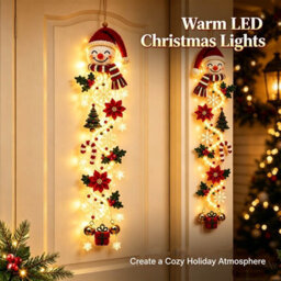 Amorly 60Cm Glowing Christmas Door Hanger, Rustic Quilted Fabric Wreath, Light Up Christmas Decoration, Vertical Display (Snowman) - thumbnail 5