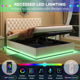Abrihome 4Ft6 Double Ottoman Bed With Led Lighting, With Hydraulic Storage, With Handmade Button Tufted Adjustable Headboard, Beige - thumbnail 4