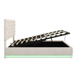 Abrihome 4Ft6 Double Ottoman Bed With Led Lighting, With Hydraulic Storage, With Handmade Button Tufted Adjustable Headboard, Beige - thumbnail 6