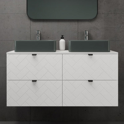Heze Furniture Trend Herringbone Pattern Door 120Cm Bathroom Cabinet Vanity Unit With Worktop - White - image 1