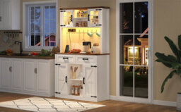 Btm Tall Kitchen Pantry Cabinet With Led & Power Sockets, 2 Drawers, Barn Door Design, White - thumbnail 7