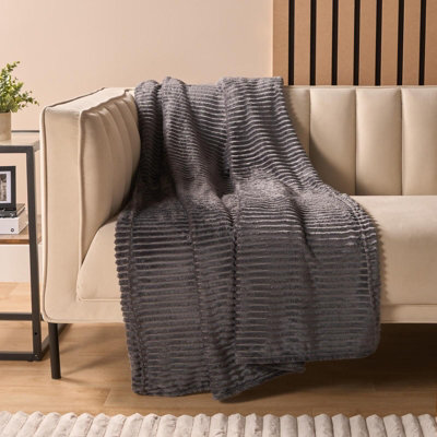 OHS Ribbed Fleece Throw Over Bed Blanket Plush Supersoft Travel Bedspread, Charcoal - image 1