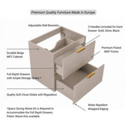 Impact Furniture Vanity Unit With Basin Beige Wall Hung Sink Cabinet Fluted Drawers 600mm Worktop Modern Adel - thumbnail 2