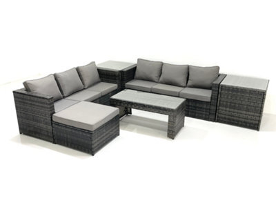 Fimous Garden Outdoor Rattan Furniture Set With Sofa Coffee Table Big Footstool 2 Side Tables Dark Grey Mixed - image 1