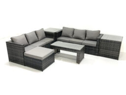 Fimous Garden Outdoor Rattan Furniture Set With Sofa Coffee Table Big Footstool 2 Side Tables Dark Grey Mixed - thumbnail 1