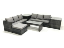 Fimous Garden Outdoor Rattan Furniture Set With Sofa Coffee Table Big Footstool 2 Side Tables Dark Grey Mixed - thumbnail 2