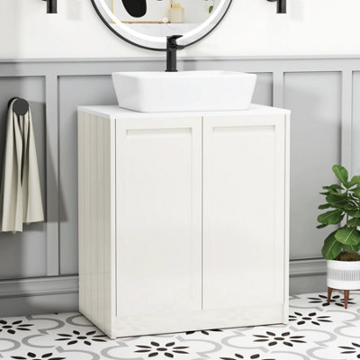 Royal Bathrooms Royal Bathroom Elmore 700mm Classic White Freestanding Bathroom Vanity Unit 2 Door Plain White Worktop With Cube Basin - image 1