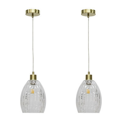 First Choice Lighting Set Of 2 Birch - Clear Fluted Glass With Satin Brass Pendant Fittings - image 1