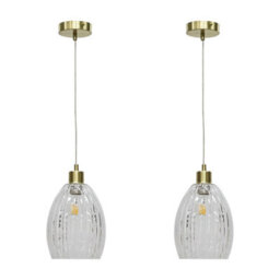 First Choice Lighting Set Of 2 Birch - Clear Fluted Glass With Satin Brass Pendant Fittings