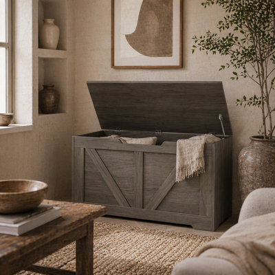 Wyld Haus Cosoli Charcoal Grey Wood-Effect 100L Storage Chest With Safety Hinge And U-Shaped Lid Cutout - image 1