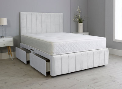 Comfy Deluxe 4Ft Small Double Panel White Plush Divan Bed Set Headboard & Footboard 2 Drawers Right Side - image 1
