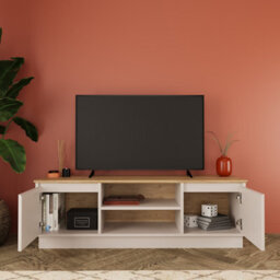 Tv Unit Up To 60 Inch, 140 Cm Modern Tv Stand Cabinet With Storage, Wooden Media Console For Living Room (Oak&light Grey, Mono) - thumbnail 3