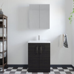 Balterley Level Compact Bathroom Cloakroom Vanity Basin Unit With Polymarble Basin, Brushed Pewter Handles, 600mm, Woodgrain Black - thumbnail 2