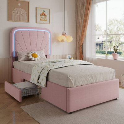 Merax 3Ft Single Bed 90X190 Cm, Velvet Upholstered Bed With Led Padded Headboard, 2 Storage Drawers, Children's Bed, Pink - image 1