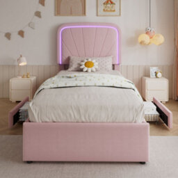 Merax 3Ft Single Bed 90X190 Cm, Velvet Upholstered Bed With Led Padded Headboard, 2 Storage Drawers, Children's Bed, Pink - thumbnail 2