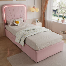 Merax 3Ft Single Bed 90X190 Cm, Velvet Upholstered Bed With Led Padded Headboard, 2 Storage Drawers, Children's Bed, Pink - thumbnail 3