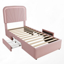Merax 3Ft Single Bed 90X190 Cm, Velvet Upholstered Bed With Led Padded Headboard, 2 Storage Drawers, Children's Bed, Pink - thumbnail 7