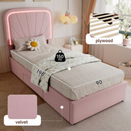 Merax 3Ft Single Bed 90X190 Cm, Velvet Upholstered Bed With Led Padded Headboard, 2 Storage Drawers, Children's Bed, Pink - thumbnail 5
