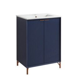 Homestylestore Navy Blue 610mm Bathroom Vanity Unit With Basin And Brushed Copper Finger Pull Handle