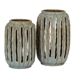 Wyld Haus Tall Textured Ceramic Cut-Out Candle Holder Lantern Blue-Grey 320mm - thumbnail 5