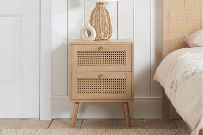 Bedside 2 Drawer Cabinet Brown Oak Rattan Birlea Croxley Nightstand Side Table - image 1