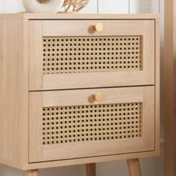 Bedside 2 Drawer Cabinet Brown Oak Rattan Birlea Croxley Nightstand Side Table - thumbnail 3