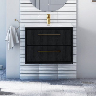 Royal Bathrooms Livora 700mm Black Woodgrain Wall Hung Bathroom Vanity Unit 2 Drawer With Ceramic Basin & Brushed Brass Handle - image 1