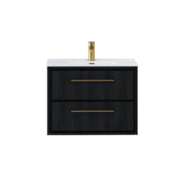 Royal Bathrooms Livora 700mm Black Woodgrain Wall Hung Bathroom Vanity Unit 2 Drawer With Ceramic Basin & Brushed Brass Handle - thumbnail 5