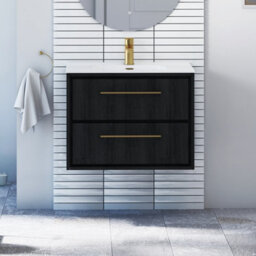 Royal Bathrooms Livora 700mm Black Woodgrain Wall Hung Bathroom Vanity Unit 2 Drawer With Ceramic Basin & Brushed Brass Handle - thumbnail 1