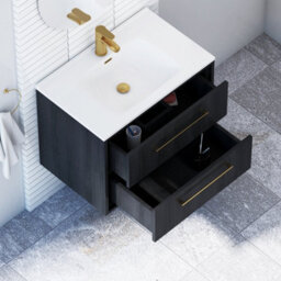 Royal Bathrooms Livora 700mm Black Woodgrain Wall Hung Bathroom Vanity Unit 2 Drawer With Ceramic Basin & Brushed Brass Handle - thumbnail 4