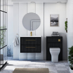 Royal Bathrooms Livora 700mm Black Woodgrain Wall Hung Bathroom Vanity Unit 2 Drawer With Ceramic Basin & Brushed Brass Handle - thumbnail 3