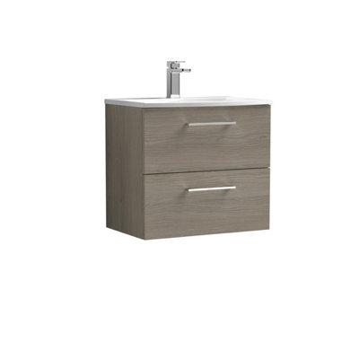 Balterley  Modern Bathroom Wall Hung 2-Drawer Vanity & Curved Basin, Solace Oak, 600 mm - image 1